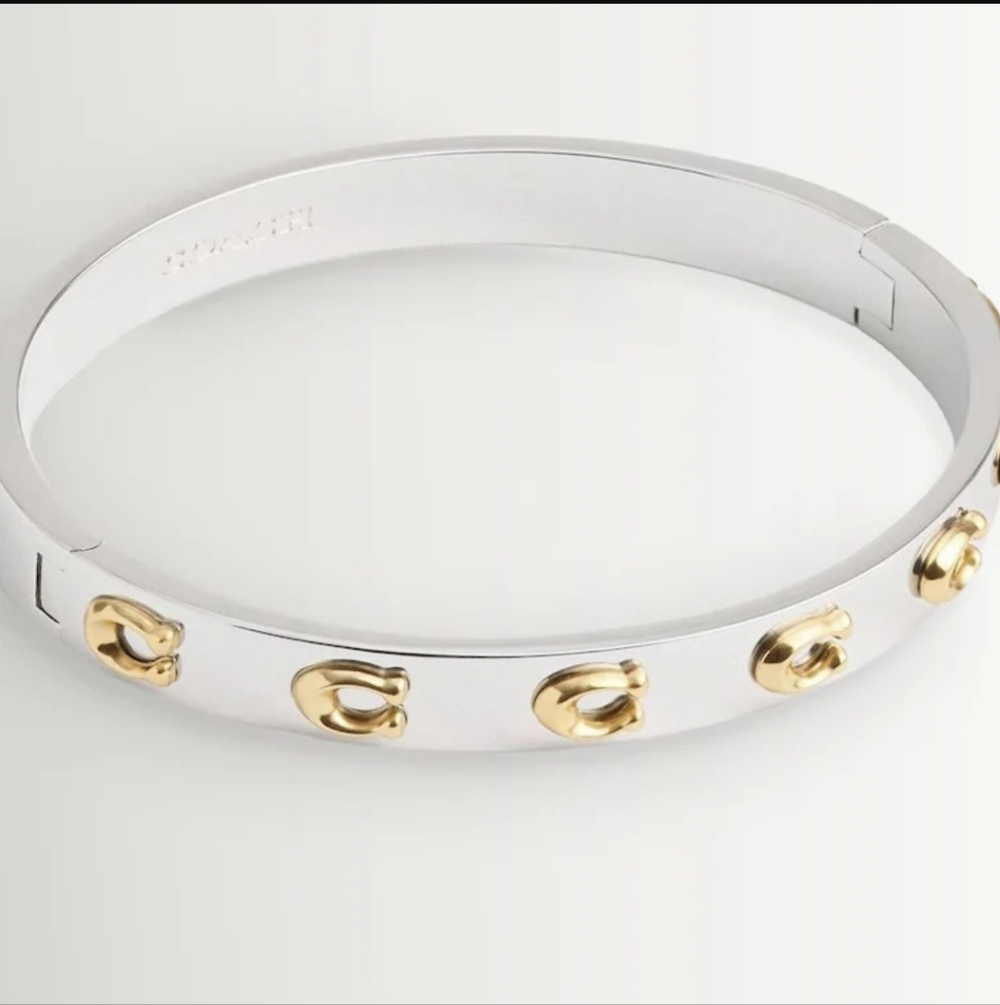 COACH Silver Two Tone Signature C Hinged Bangle Bracelet